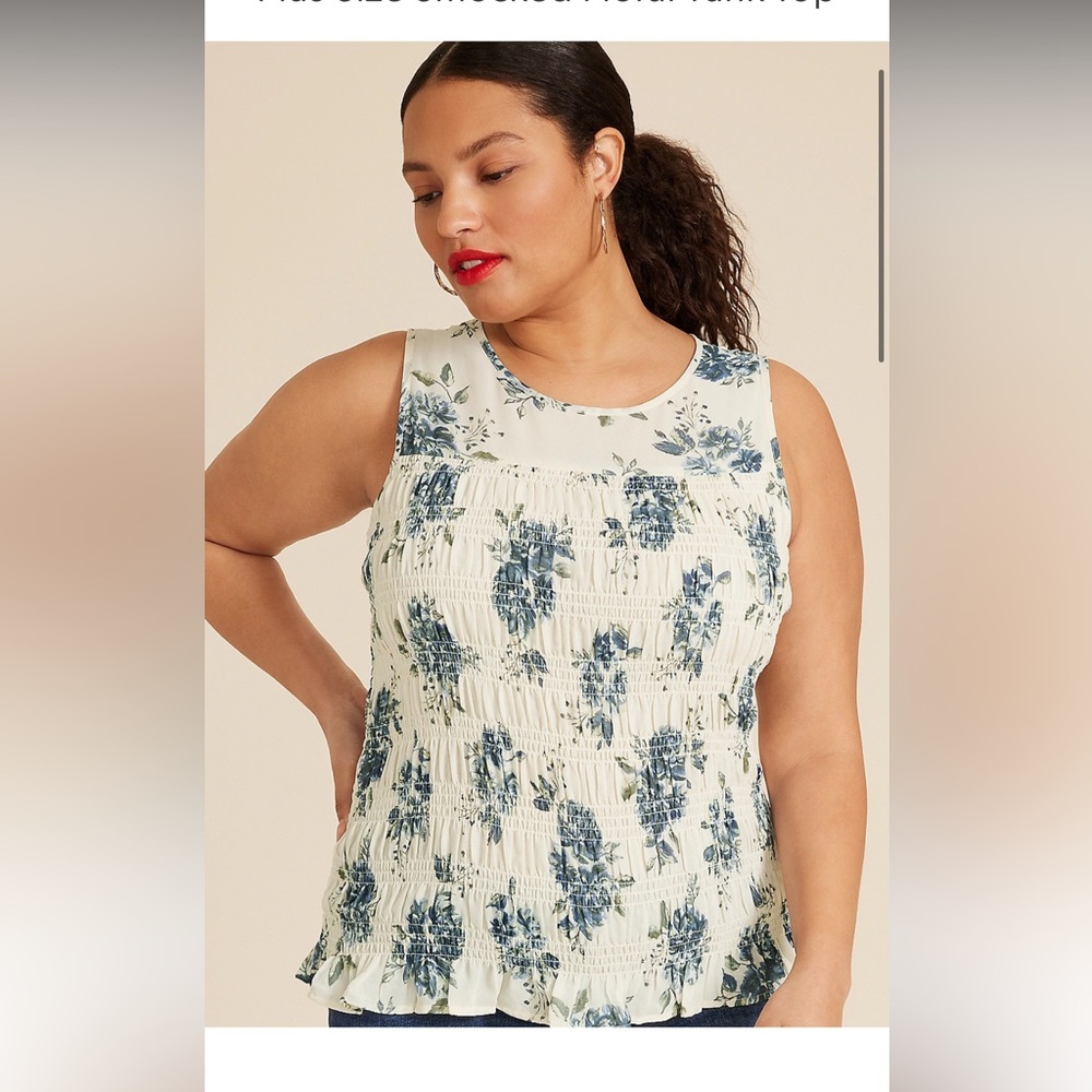 Maurice’s Plus Smocked Floral Sleeveless Blouse Blue and White Size 2X